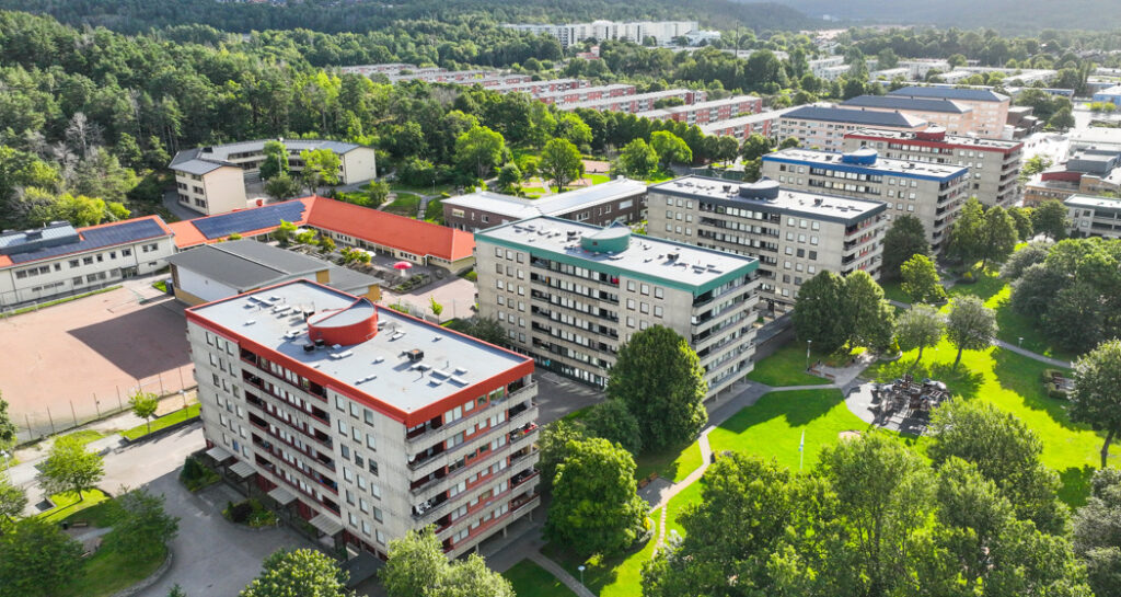 Flygfoto som visar Skolspåret i Hjällbo.