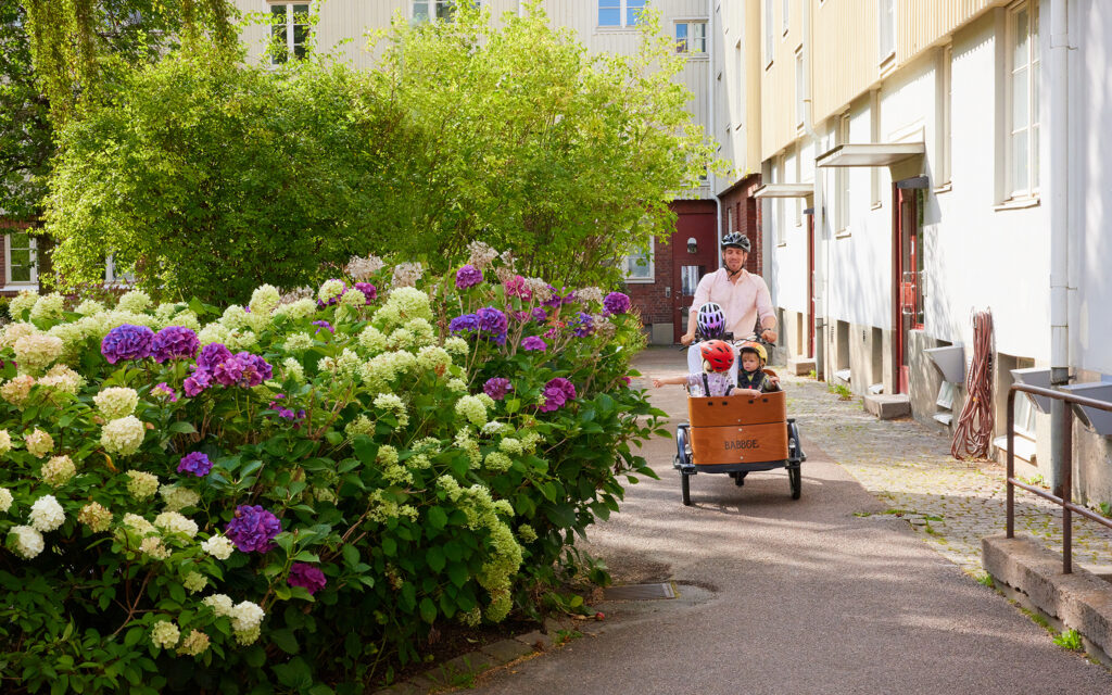 Pappa skjutsar två barn i lådcykel på innergård.