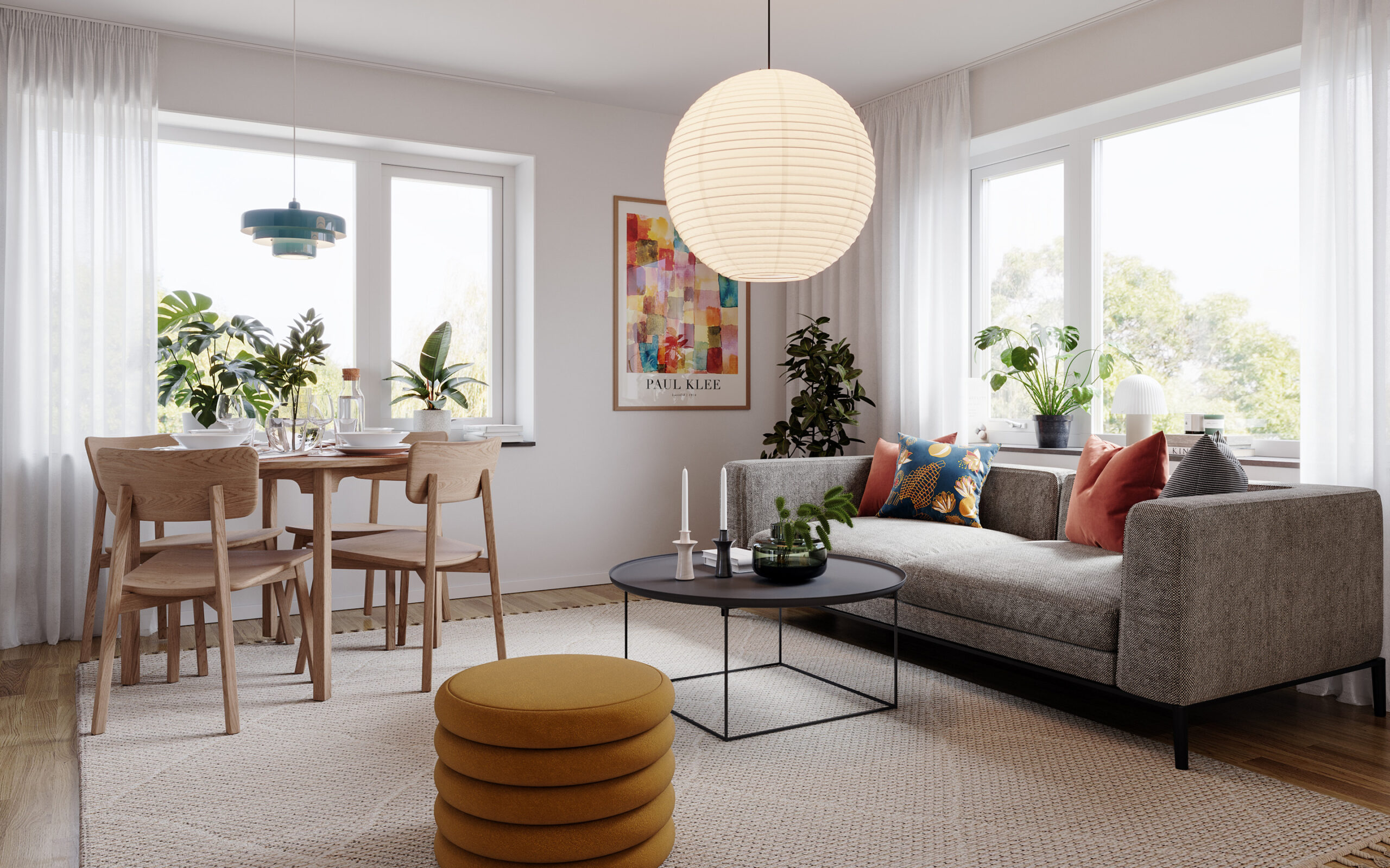 Renderad bild av vardagsrum och köksdel