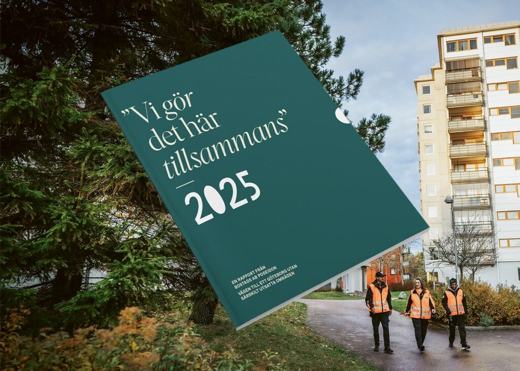 Bild med framsidan av årsrapporten ovanpå en bild från Lövgärdet