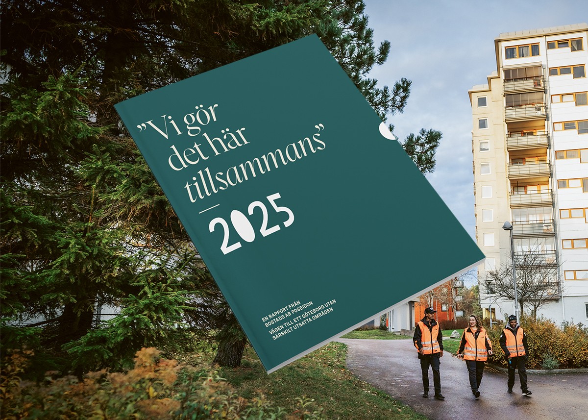 Bild med framsidan av årsrapporten ovanpå en bild från Lövgärdet