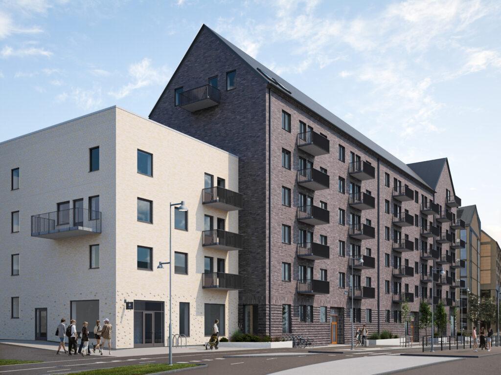 Renderad bild av tegelhus med lägre byggnad i puts vid sidan