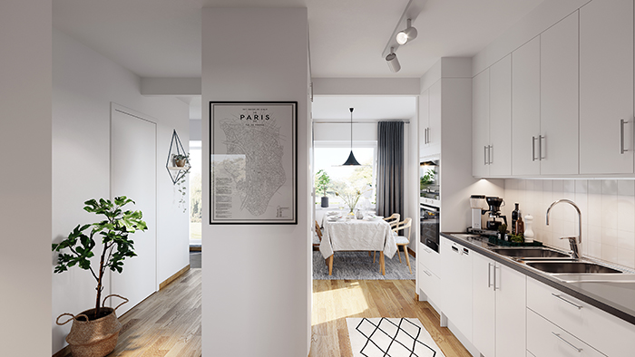interiör från vitt kök med grafisk poster och krukväxt