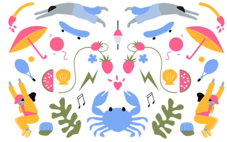 Glad illustration med smultron, blad, krabbor människor och snäcko 